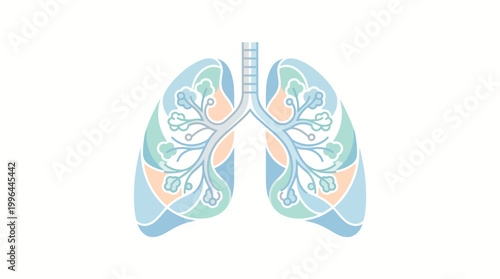 Stylized anatomical illustration of human lungs with trachea and bronchi in pastel colors, representing the respiratory system and health.
