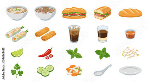 Vietnamese cuisine vector set with pho, banh mi, spring rolls, coffee, herbs, lime, chili, sauce, chopsticks and fresh Asian food ingredients