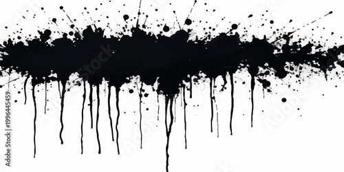 abstract black ink splatter horizontal grunge texture with dripping paint streaks scattered droplets and chaotic artistic brush effect on white background seamless edgy modern vector design.