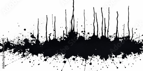 abstract black ink splatter horizontal grunge texture with dripping paint streaks scattered droplets and chaotic artistic brush effect on white background seamless edgy modern vector design.