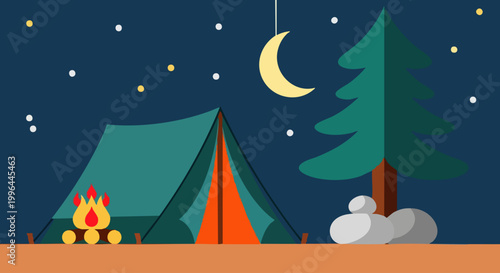 Flat design illustration of a camping tent at night with a campfire.