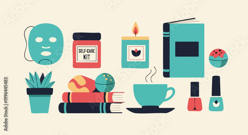 Flat illustration of self care and wellness lifestyle items.