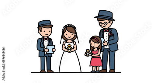 Joyful Wedding Ceremony with Bride, Groom, and Family Illustration.