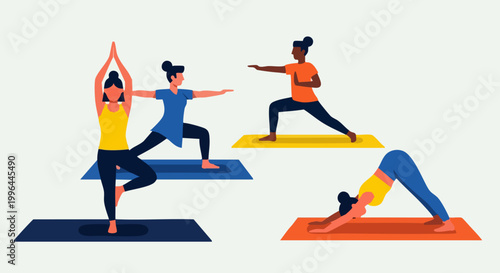 Group of diverse women practicing various yoga poses on mats.