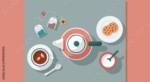 Flat vector illustration of a cozy tea time scene with teapot and cookies.