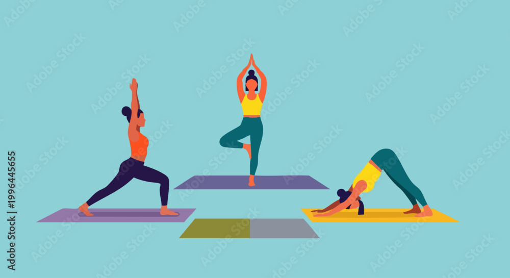Fototapeta premium Group of women practicing yoga in various poses.