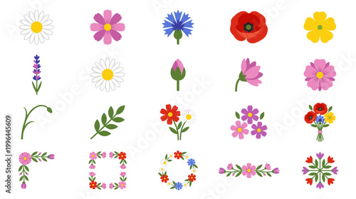 Bright spring flower elements with daisies, poppies, buds, leaves, wreaths and floral borders for garden, greeting card and decorative design