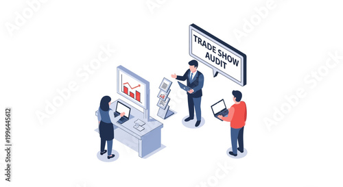 Isometric view of business people at trade show booth with laptops.