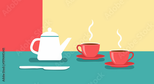 Flat design illustration of a teapot and two steaming cups.