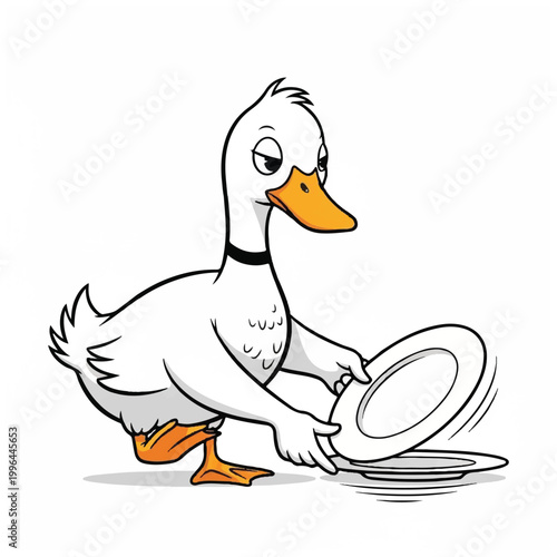 White Duck Playing with Frisbee Outdoors.