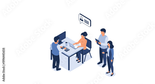 Isometric view of office staff working together on project.