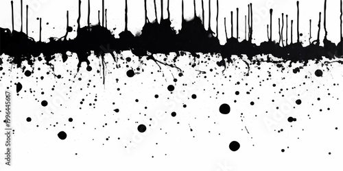abstract black ink splatter horizontal grunge texture with dripping paint streaks scattered droplets and chaotic artistic brush effect on white background seamless edgy modern vector design.