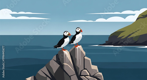 Pixel art scene of two puffins perched on a rocky outcrop overlooking the ocean, coastal landscape, serene nature, wildlife illustration