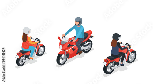 Isometric view of three people riding red motorcycles on white background.