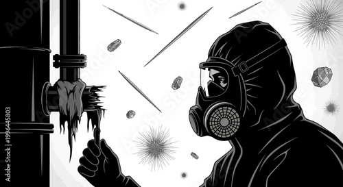 person in hazmat suit and gas mask investigating a toxic leak from a contaminated pipe symbolizing environmental pollution.