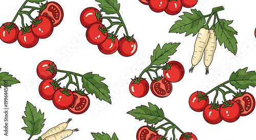 Pixel art seamless pattern of ripe red tomatoes on the vine with green leaves, fresh produce, healthy food illustration