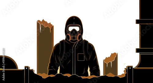 person in hazmat suit and gas mask stands in a post-apocalyptic contaminated ruined environment illustrating environmental disaster and danger.