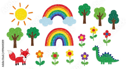 playful childlike doodles hand drawn with nature elements like trees rainbows sun cute animals and colorful flowers.