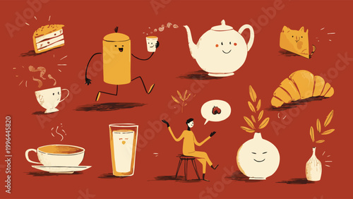 Anthropomorphic smiling breakfast and drink characters on a deep red hand-drawn vector background, suitable for cafe branding, brunch marketing and breakfast menu design.