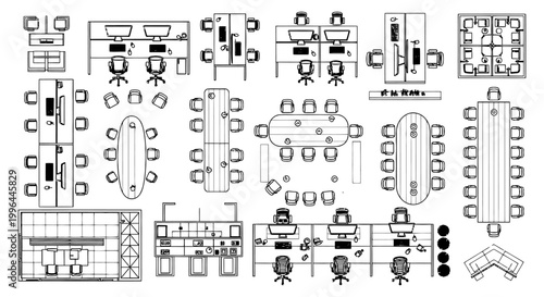 top view architectural office furniture symbols set for interior design and cad floor plans