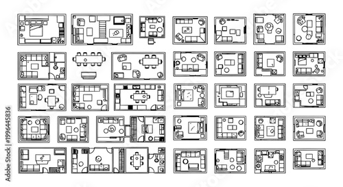 top view architectural furniture symbols and vector icons for interior design and floor plans showcasing various modern room layouts.