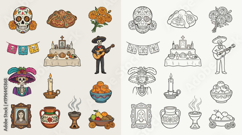 Collection of Day of the Dead (Dia de Muertos) icons and illustrations, featuring sugar skulls, marigolds, altars, and traditional elements.