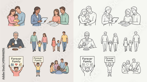 Illustrations depicting families, including parents with children, a judge, and people holding signs about family.