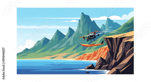 Pixel art seaplane flying over ocean near rugged mountains and cliff, scenic landscape with blue sky and clouds