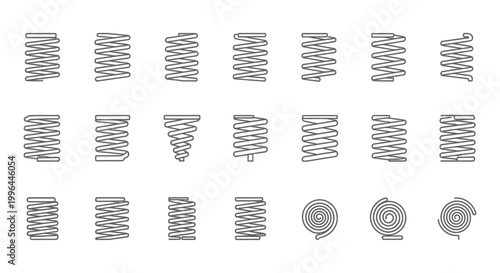 spring coil metal engineering icon set illustrating various types of mechanical parts for industrial design and manufacturing concepts
