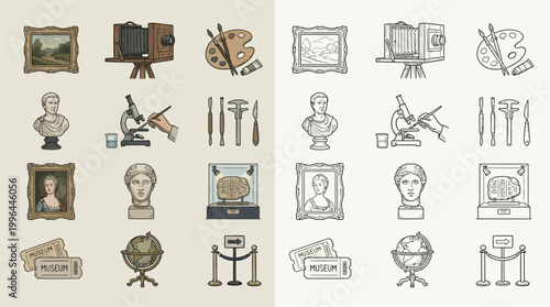 Collection of museum-related icons, including paintings, sculptures, scientific instruments, and historical artifacts, presented in both color and monochrome.