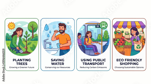 A colorful vector graphic illustration depicting four eco-friendly practices for a sustainable lifestyle