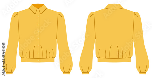 Yellow cropped blouse with button front closure, long puff sleeves and fitted waist with gathered hem creating modern feminine silhouette soft shaping. Technical fashion illustration in flat color