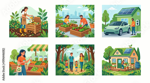 A vibrant vector graphic illustration depicting eco-friendly living with people engaging in sustainable activities