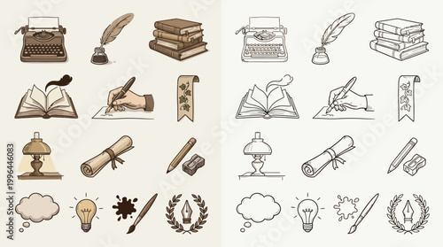 Collection of vintage writing and creative tools, including typewriters, quills, inkwells, books, lamps, and scrolls, presented in both colored and line art styles.