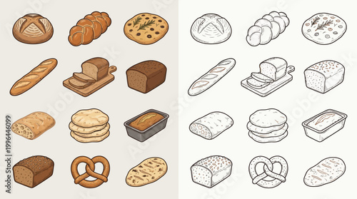 A collection of various types of bread and baked goods, presented in both color and monochrome isometric illustrations.