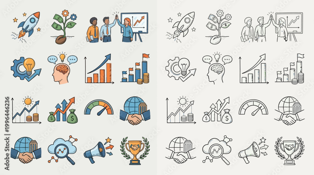 Fototapeta premium A collection of hand-drawn icons representing business growth, strategy, and success, presented in two distinct styles.