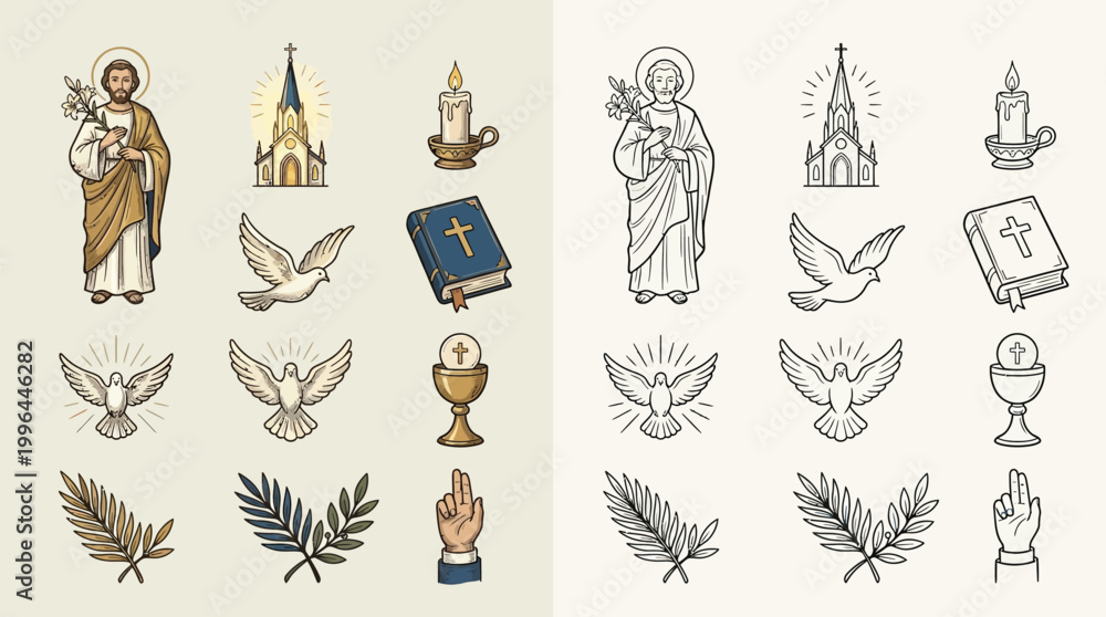 Fototapeta premium Collection of Christian religious symbols and icons, including saints, churches, doves, candles, Bibles, and chalices, presented in both color and outline styles.