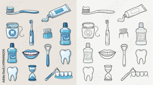 A collection of dental hygiene tools and items, including toothbrushes, toothpaste, floss, mouthwash, and dental examination instruments, presented in two distinct styles.