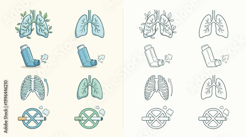 Collection of stylized icons representing respiratory health, including lungs, inhalers, and smoking cessation symbols.
