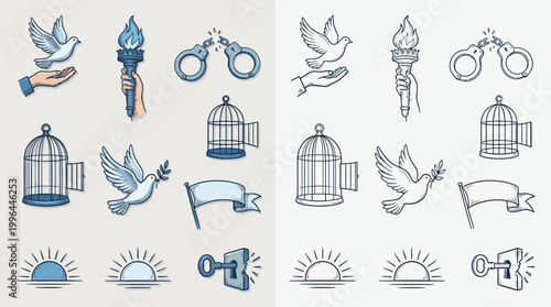 Collection of icons representing freedom, peace, and hope, including doves, torches, broken chains, and keys.