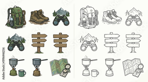 Collection of colorful and monochrome illustrations of hiking and camping gear, including backpacks, boots, binoculars, signposts, cooking equipment, maps, and compasses.