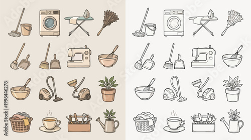 Collection of household chores and cleaning supplies illustrations, presented in both color and monochrome versions.