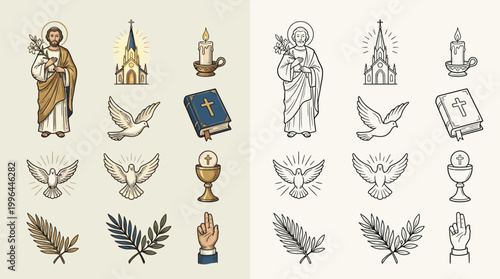 Collection of Christian religious symbols and icons, including saints, churches, doves, candles, Bibles, and chalices, presented in both color and outline styles.