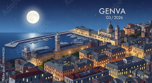 Pixel art cityscape of Genoa harbor at night with full moon illuminating the ocean and coastal buildings, evoking a serene urban atmosphere