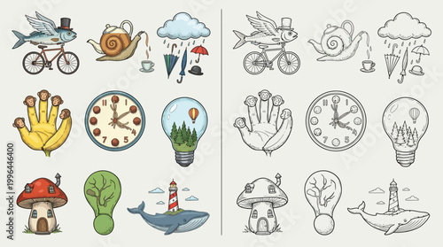 A collection of whimsical and surreal illustrations featuring a variety of imaginative objects and creatures.