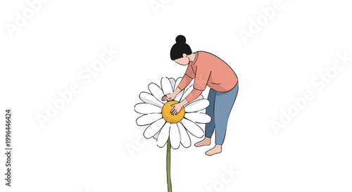 Woman pressing giant daisy flower. Minimalist vector illustration of person caring for nature on black background