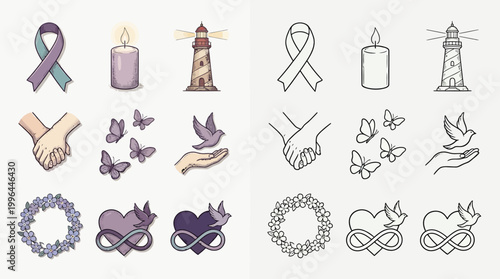 A collection of symbolic icons representing themes of remembrance, hope, and support, presented in both colored and line-art versions.
