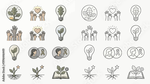 A collection of icons representing environmentalism, community support, and personal growth, presented in both color and outline styles.