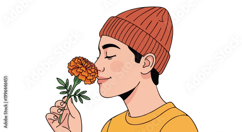 Young person in beanie smelling orange marigold flower. Serene vector illustration with eyes closed