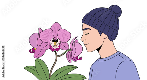 Young person in beanie smelling pink orchid flower on black background